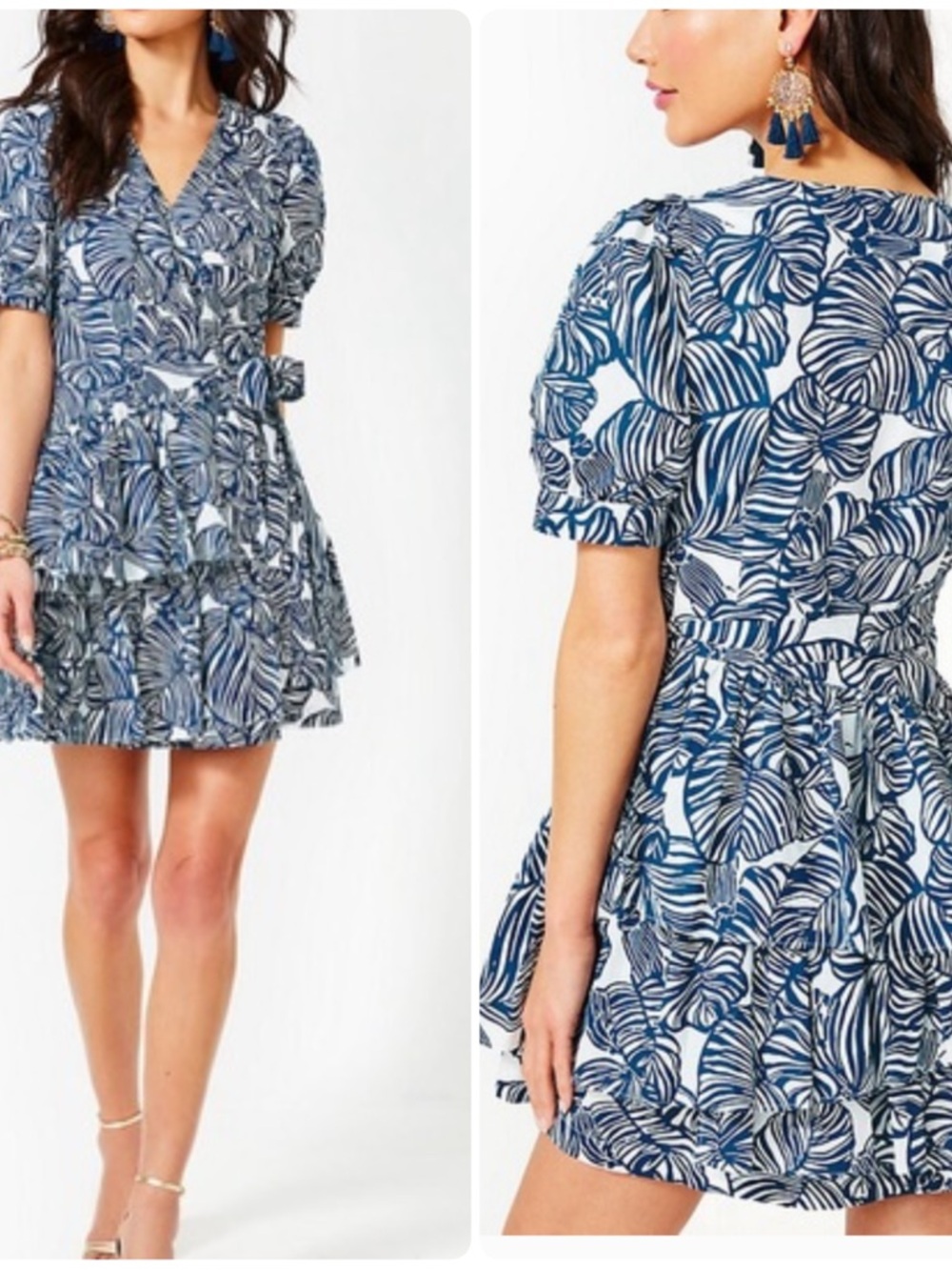 Lilly Pulitzer Blue and White Leaf-Print Wrap Dress